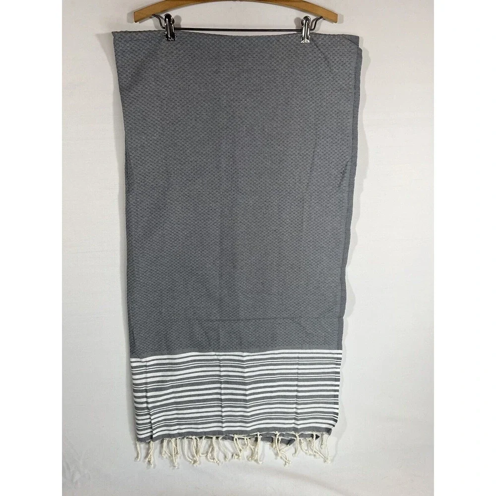 Williams Sonoma Table Runner Gray Stripe Linen Fringe Minimalist Coastal Decor